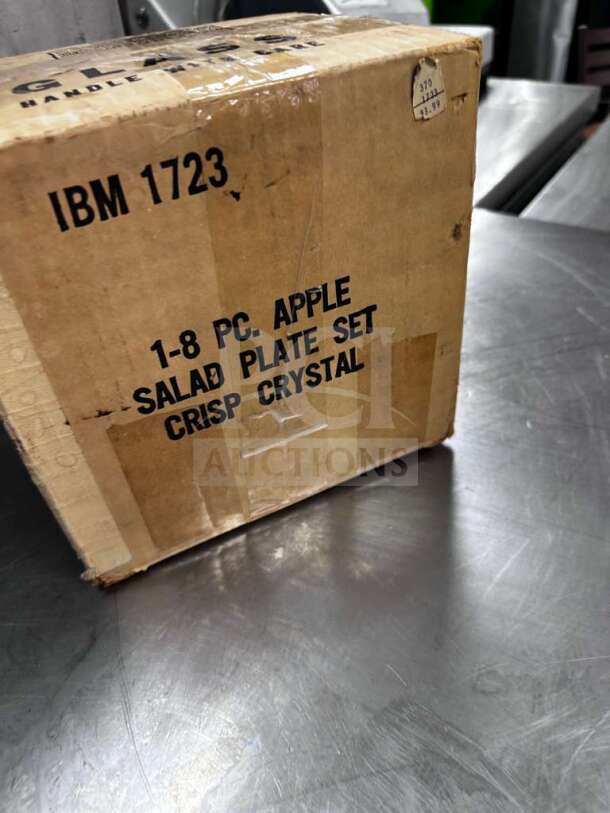 Crisp Crystal Apple-Shaped Glass Salad Plate Set, new open box, 16 plates total, model IBM 1723 on packaging.