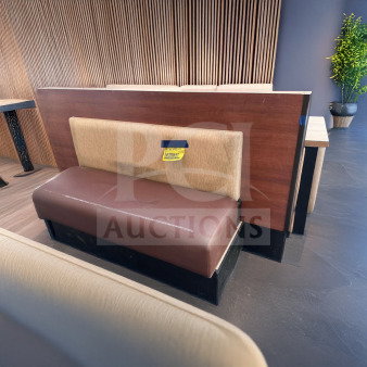 Immaculate commercial restaurant booth with wooden back, upholstered seating. Generic brand, model RST-S-BOOTH-0928, 3 available.