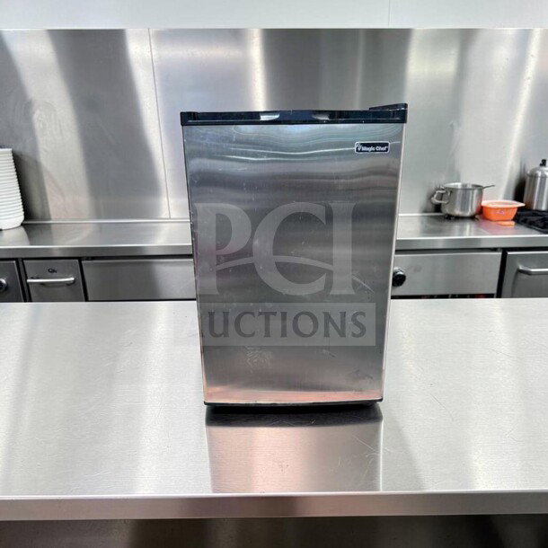 Magic Chef MCUF3S2 3 Cu. Ft. Compact Refrigerator, stainless steel, excellent condition, space-saving, fully tested.