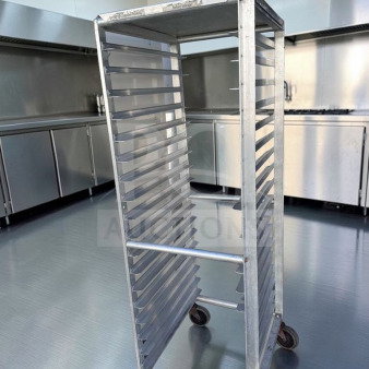 Commercial aluminum full-size sheet pan rack with 20 pan capacity, heavy-duty with casters, premium condition, model ALU-M-RCK-0575.