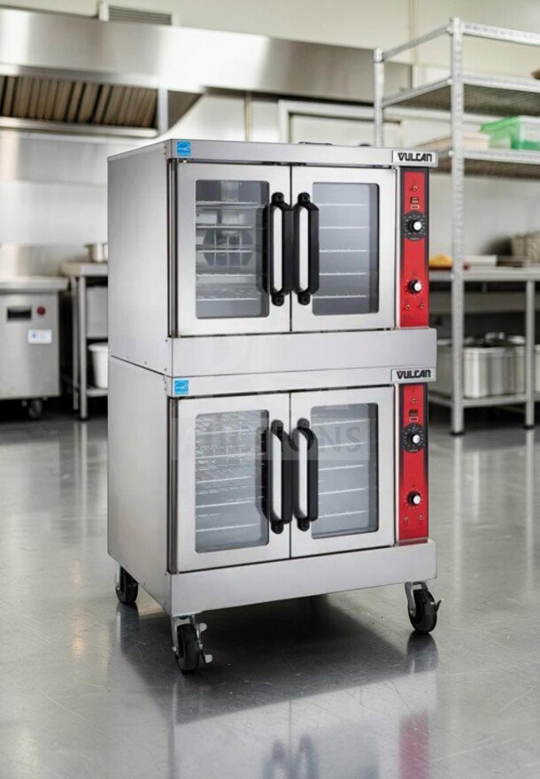 Vulcan VC55GD double stack gas convection oven in exceptional condition with casters; heavy-duty commercial model, fully tested.