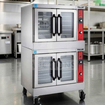 Vulcan VC55GD double stack gas convection oven in exceptional condition with casters; heavy-duty commercial model, fully tested.