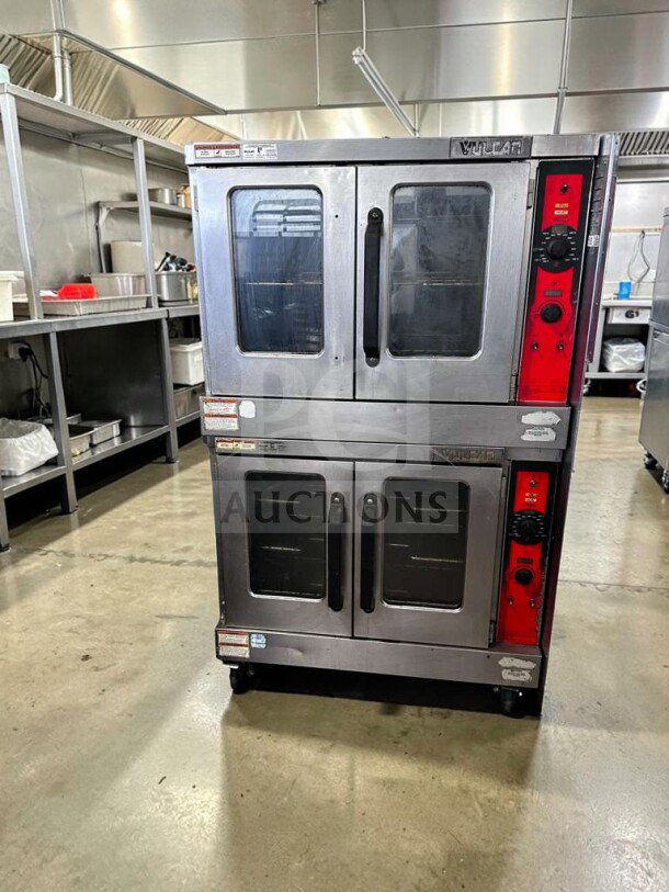 Exceptional condition Vulcan VC55GD double stack natural gas convection oven with casters; fully tested and operational.