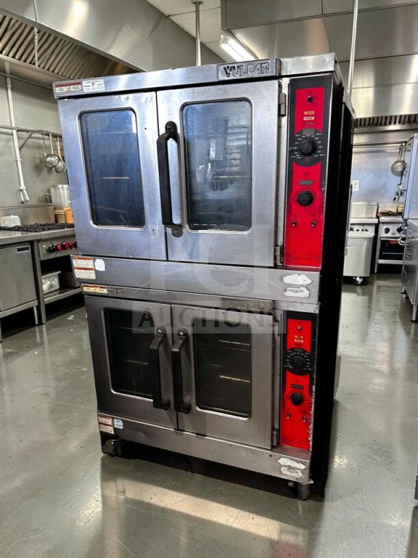 Vulcan VC55GD double stack convection oven, natural gas, exceptional condition, heavy-duty, with casters, fully tested.