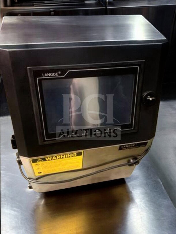 LANGDE Automatic Industrial Inkjet Printer, premium condition, model LAN-L-CODE-0426, tested, with warning label.