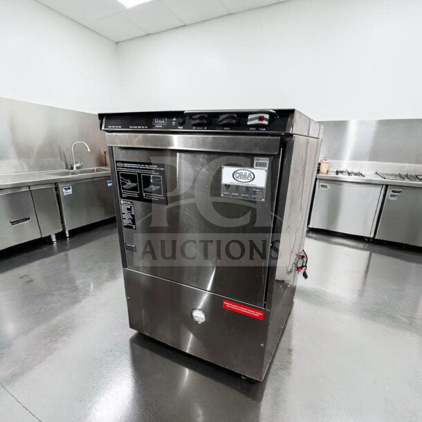 Flawless condition Perlick PKHT24 commercial glasswasher, 24” wide, high-temp, 30 racks/hour, fully operational, stainless steel finish, visible operation labels.
