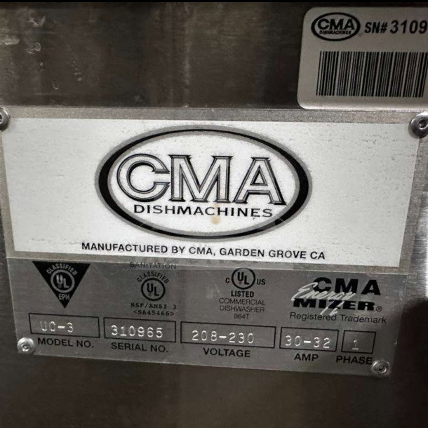Label showing CMA Dishmachines branding, model UC-3, serial 310965, voltage 208-230V, with UL certifications.