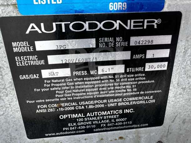 Optimal Automatics 3PG Autodoner label details: 120V, 60Hz, 1 Amp, natural gas, 30,000 BTU, model 3PG, serial 042298.