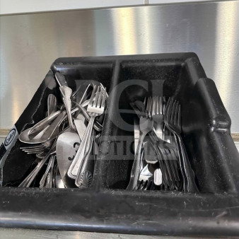 Bulk set of commercial stainless steel forks and spoons in excellent condition, mixed pattern, by Commercial Restaurant Supply.