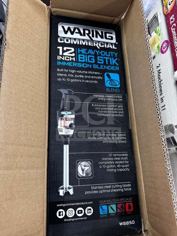 Waring WSB50 12" Heavy-Duty Big Stik Immersion Blender in packaging. Brand new, 1 HP, fully tested, stainless steel shaft.