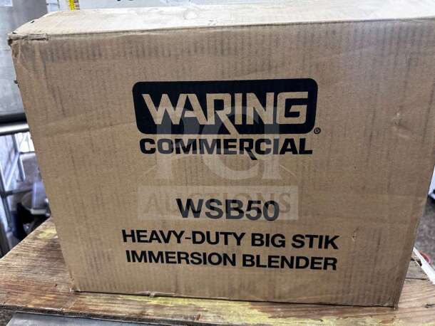 Waring WSB50 immersion blender box, labeled "Heavy-Duty Big Stik," brand new, fully tested, 1 HP motor.