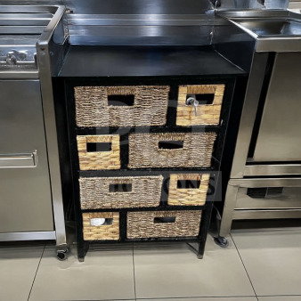 Compact storage cabinet with woven basket drawers in remarkable condition; Model: STO-S-CAB-0926, generic brand.