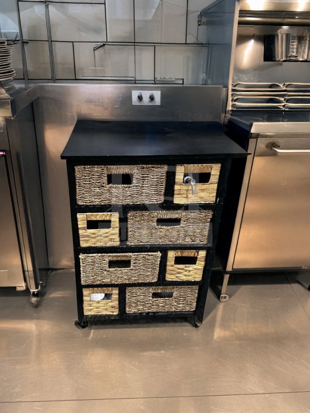 Multi-drawer storage cabinet organizer with woven basket drawers, in excellent condition, compact and fully functional.
