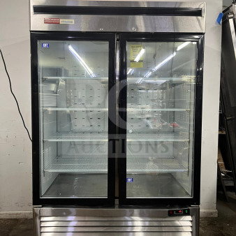 NORTH AMERICAN Precision Series A2GDF double glass door merchandiser freezer, stainless steel, shelves visible, excellent condition.