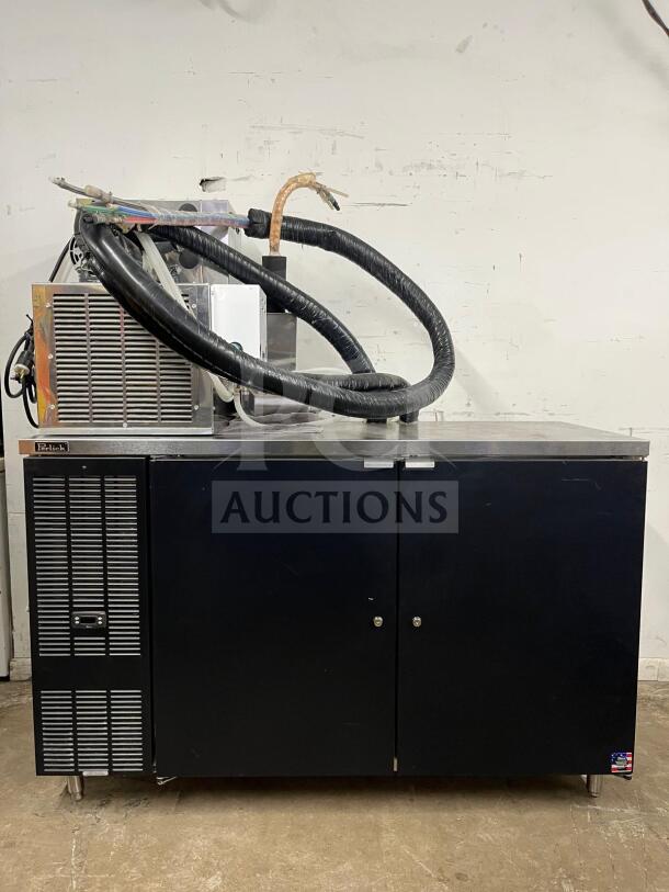 Perlick DDS60 60" black beer dispenser, five 1/4 keg capacity, visible wear, hoses on top, manufacturer label on door.