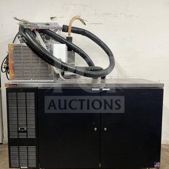 Perlick DDS60 60" black beer dispenser, five 1/4 keg capacity, visible wear, hoses on top, manufacturer label on door.