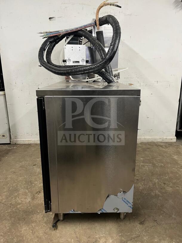 Perlick DDS60 60" black direct draw beer dispenser refrigerator, fits five 1/4 kegs. Visible wear, with attached cooling components.