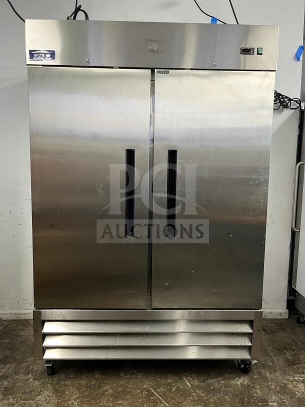 Arctic Air AF49 reach-in freezer with two solid stainless steel doors, model AF49, clean exterior, handle-mounted labels.