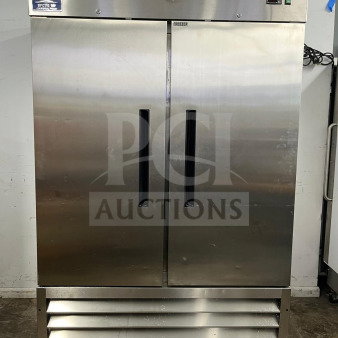 Arctic Air AF49 reach-in freezer with two solid stainless steel doors, model AF49, clean exterior, handle-mounted labels.