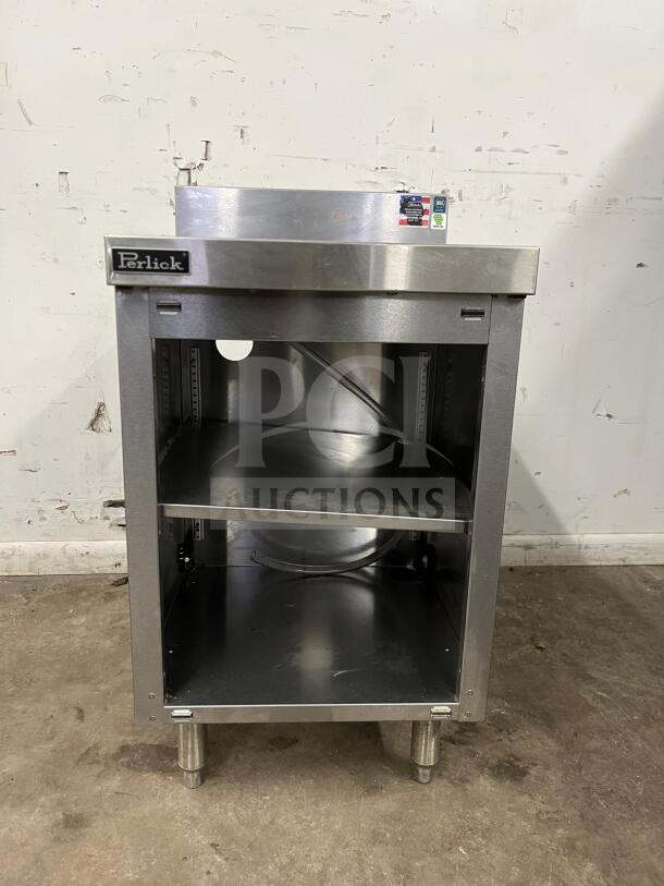 Perlick SC24-18 storage cabinet with open base, shelves, stainless steel, visible Perlick logo, good condition.