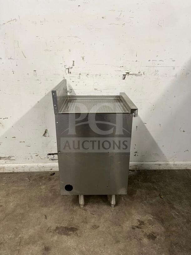 Perlick SC24-18 storage cabinet, stainless steel, 24" with open base and shelves, in used condition.