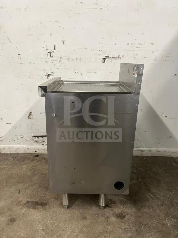 Perlick SC24-18 24" storage cabinet with open base and shelves, stainless steel, used condition, visible labels on side.