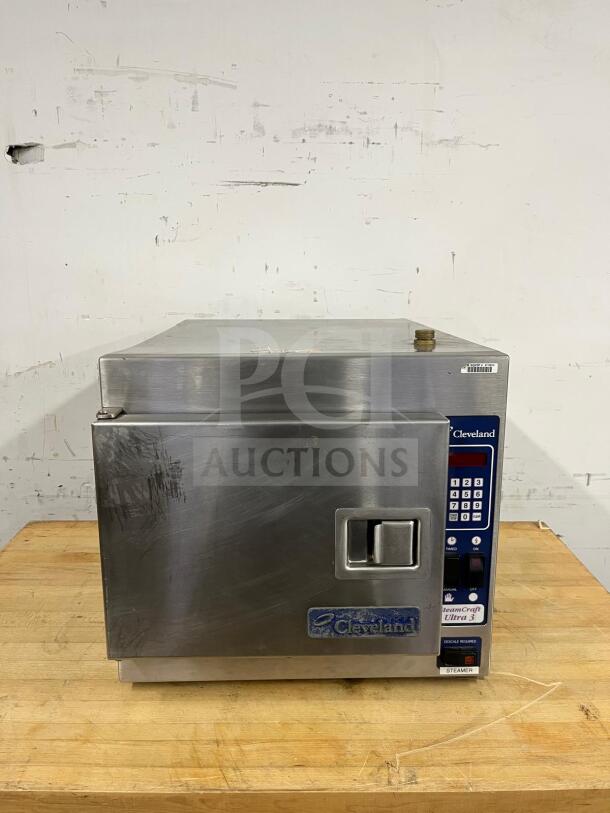 Cleveland 21CET8 Steamcraft 3-pan countertop convection steamer, stainless steel, visible brand label, 208v/1ph.