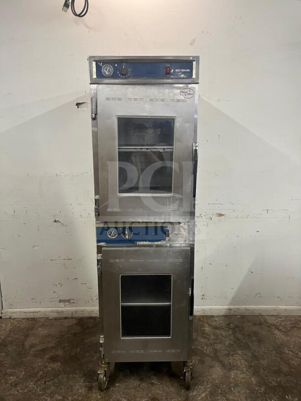 Alto-Shaam 1000-UP Holding Cabinet, 120V, stainless steel, visible dials, glass doors, on casters, used condition.