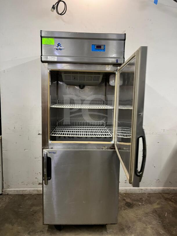 ColdTech J2sff-21b freezer, stainless steel, two half doors, energy-saving, great condition, visible brand label.