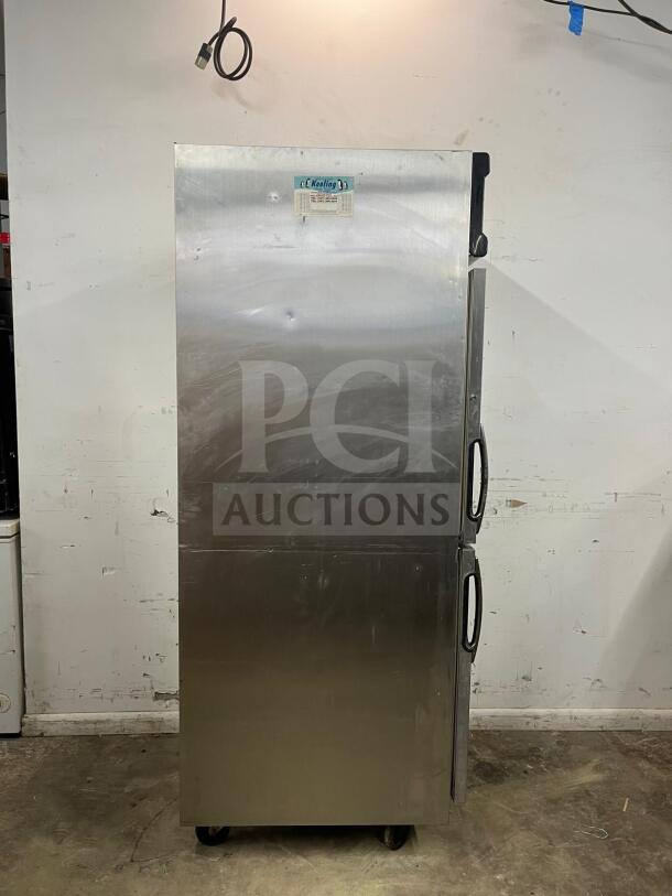 ColdTech J2sff-21b two solid half door stainless steel freezer in great condition. Energy-saving model with visible label.