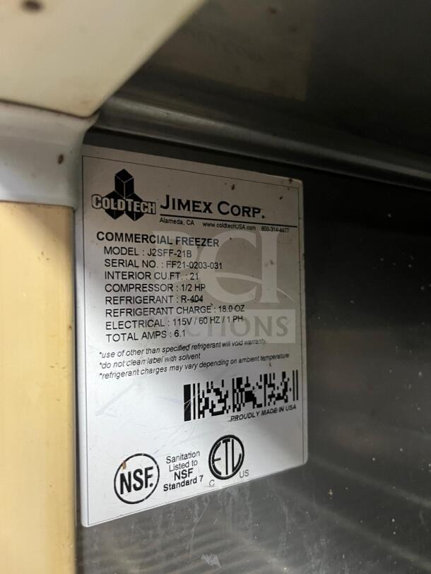 Great Condition ColdTech J2SFF-21B Freezer, Stainless Steel, Energy Saving. Label shows power specs and NSF certification.