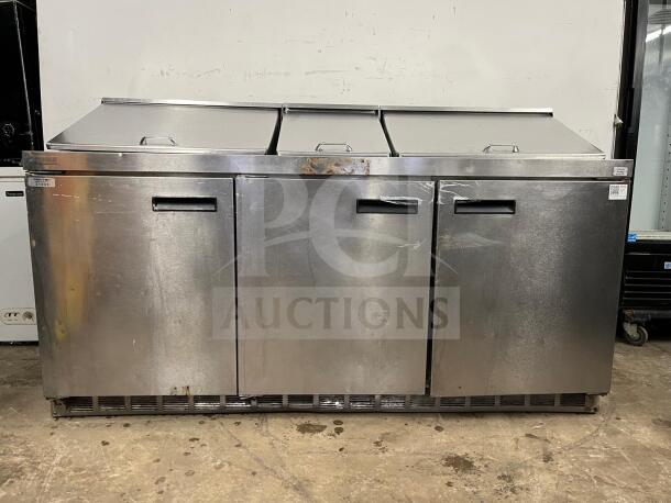 72" stainless steel sandwich/salad prep table with mega top, refrigerated base, three doors, visible wear and labels.