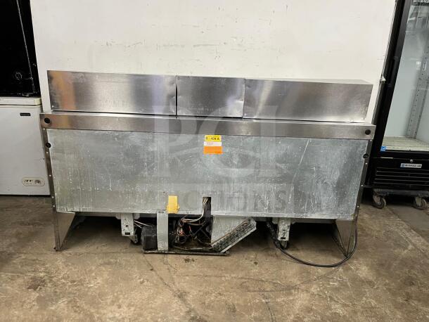 72" stainless steel salad prep table with refrigerated base, used condition, visible wear, orange tag marked "R-404A".