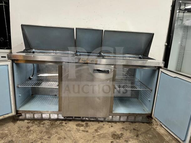 72" stainless steel sandwich/salad prep table with mega top and refrigerated base, featuring multiple storage bins and shelves.