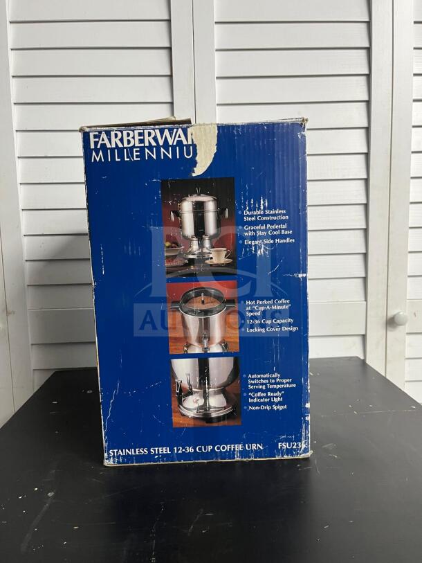 Farberware Automatic 12-36 Cup Stainless Electric Urn FSU 236 in box, new condition, features include durable steel, non-drip spigot.