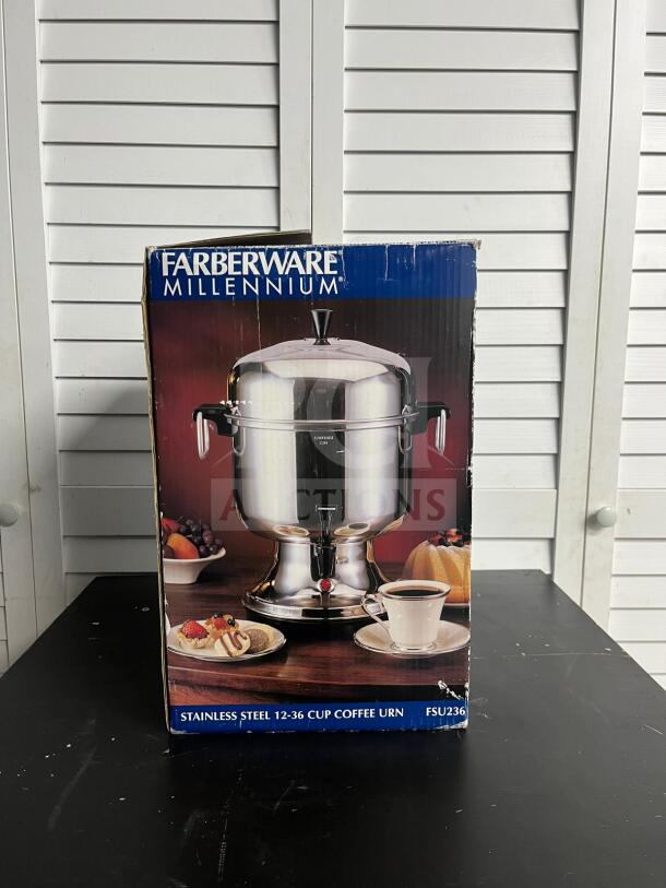 Brand new Farberware FSU 236 stainless electric urn, 12-36 cup capacity, in original box with images of urn and features.