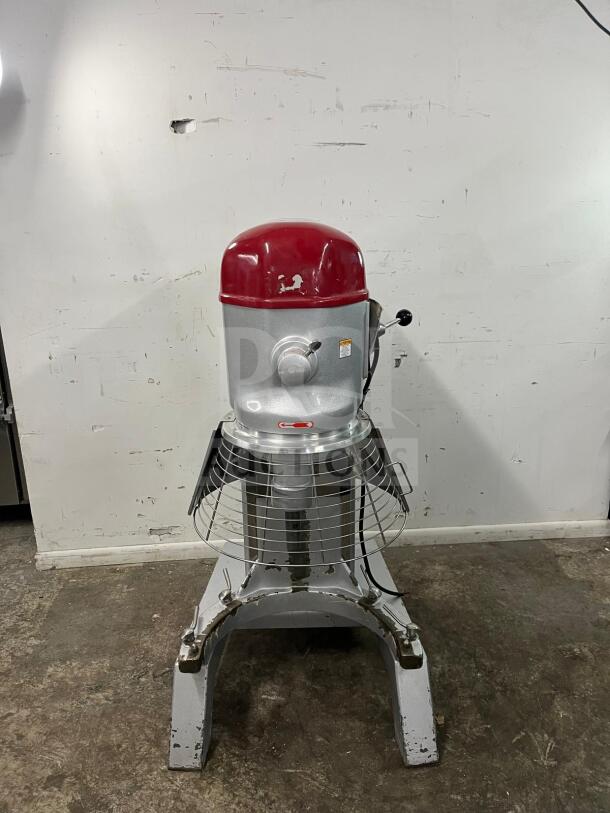 Axis AX-M80 80 Quart Planetary Mixer, 4-Speed, 4 HP. Industrial use, silver with red top, wire guard, visible wear.