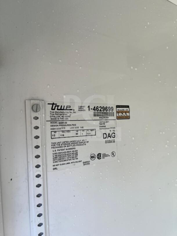 True GDM-69-HC-LD label showing model and specifications, made in USA, suitable for outdoor use, Energy Saving.