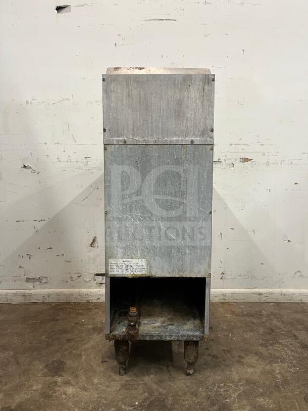 IMPERIAL IFS-40 gas floor model deep fat fryer, 40lb capacity, 105,000 BTU. Visible wear with gas connection and warning label.