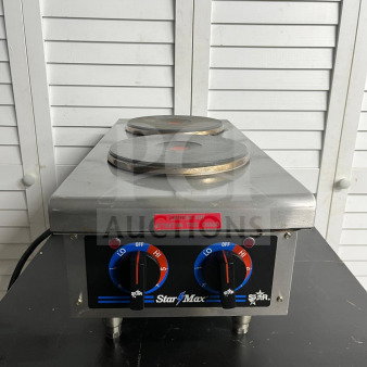 Star 602HF Star-Max® 12" electric hot plate, dual burners, stainless steel finish, "Caution Hot" label, rotary controls.