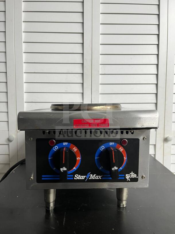 Star 602HF Star-Max® 12" electric hot plate, stainless steel, dual controls, "Caution Hot" label, good condition.