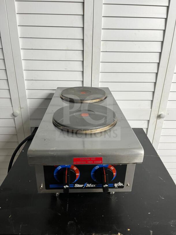 Star 602HF Star-Max® 12" electric hot plate with dual burners, sturdy build, labeled controls, and caution markings.