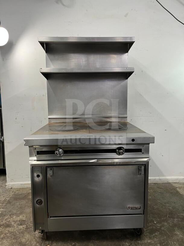 Jade Range JTRH-2HT-A Titan heavy-duty commercial electric range, stainless steel, dual hotplates, shelving, used condition.