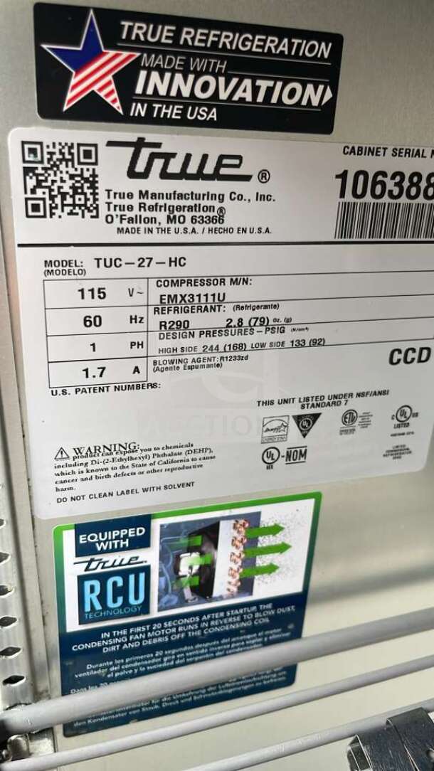 True TUC-27-HC undercounter refrigerator label, showing model details, voltage, refrigerant type, and RCU technology note.