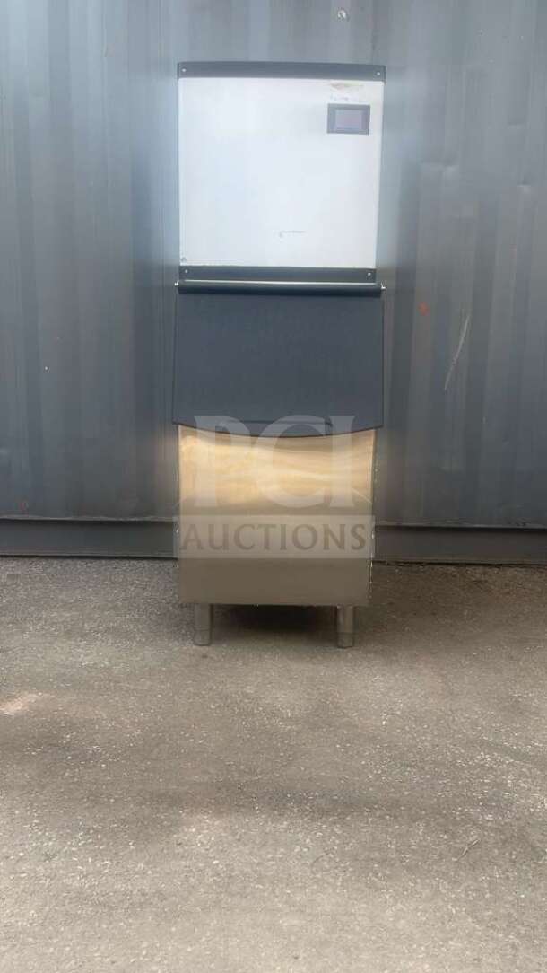 HLH350 commercial ice machine in stainless steel, model HLH350. Clean condition, visible control panel on upper front.