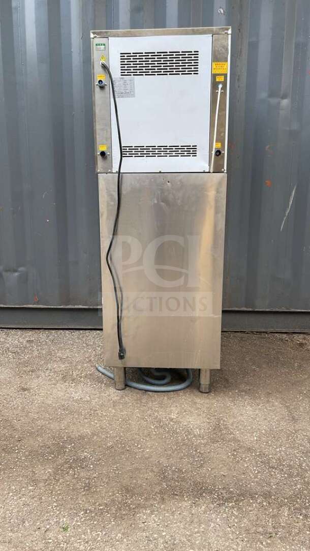 HLH350 commercial ice machine in stainless steel, model HLH350. Visible power cord and ventilation panel.