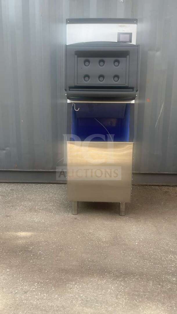 HLH350 commercial ice machine in stainless steel, model hlh350, featuring a large storage bin and digital display.