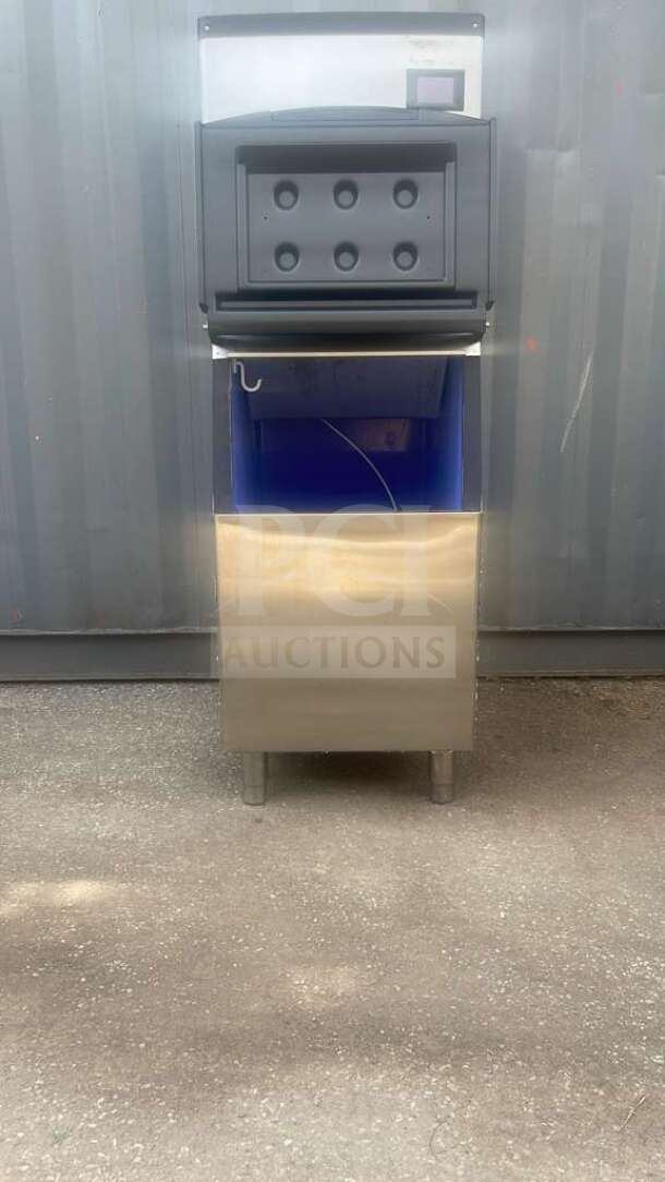 HLH350 Commercial Ice Machine in stainless steel, front view. Durable design, in used condition, model hlh350.