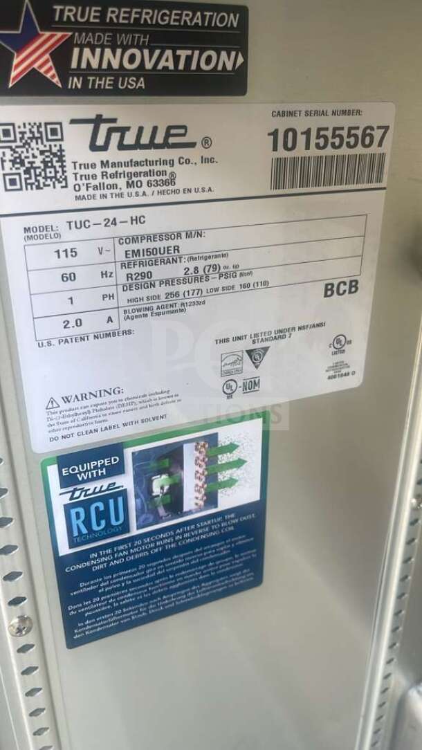 True TUC-24-HC undercounter refrigerator label showing model, refrigerant details, and RCU technology tag.