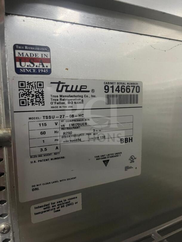 True TSSU-27-08-HC refrigerated sandwich prep table label. Features Made in USA sign, model, and serial number details.
